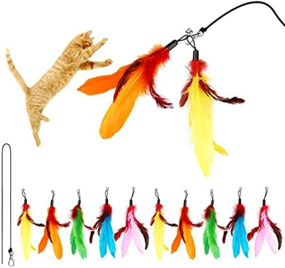 11PCS Cat Wand Attachments, 10 Cat Feather Toy Refills and 1 Spare String