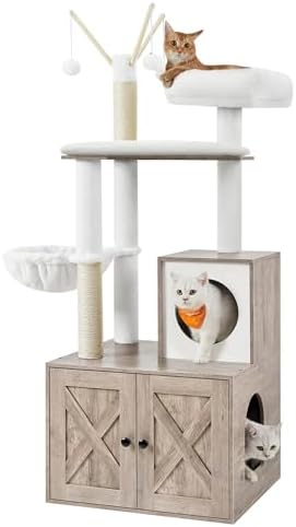 Feandrea Cat Tree with Litter Box Enclosure, 59-Inch, 2-in-1 Condo