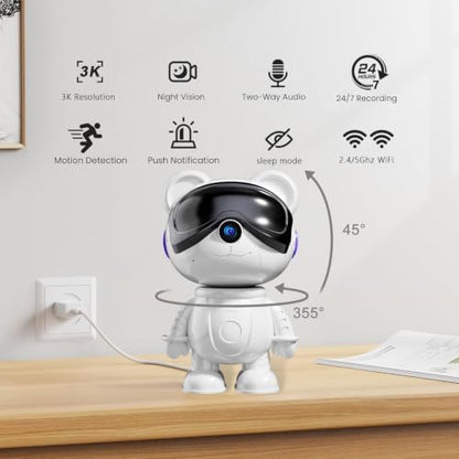3K Indoor Camera Robot, Cute Bear Baby Monitor & Pet Camera for Home Use