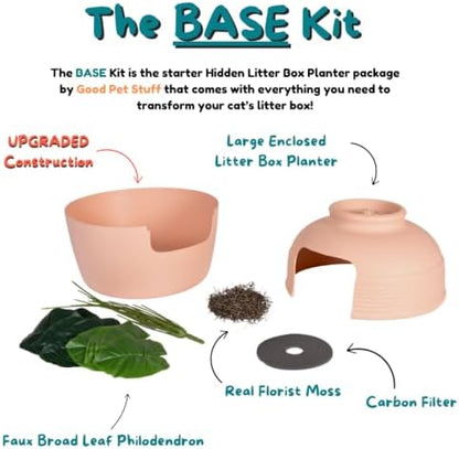 Good Pet Stuff Original Hidden Litter Box Planter, Decorative Cat Litter Enclosure, Carbon Filter, Faux Plant, Round Design, Easy to Clean, Base Kit, Broad Leaf Philodendron, Blush Coral