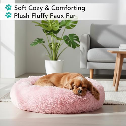PetAmi Calming Donut Dog Bed, Washable Faux Fur, 23 Inch Small, Pink