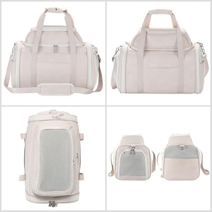 Premium Leather Top Expandable Pet Carrier for Small Dogs & Cats Under 15 lbs, Airline Approved Collapsible Soft-Sided Luxury Travel Bag Beige