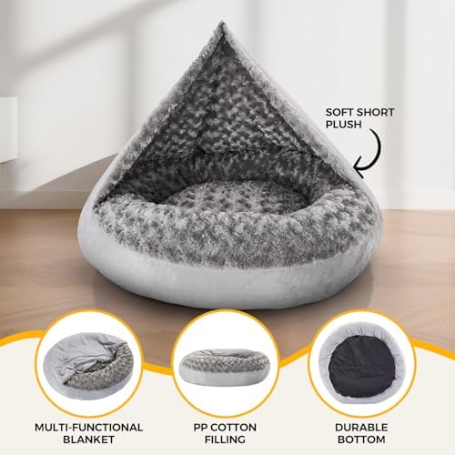 Cave Dog Bed with Blanket Easy to Assemble Donut Round Plush Cozy Cat Pet Bed for Puppy Machine Washable Removable Cover Cat Anti-Slip Bottom Gray 26X26X8 inch