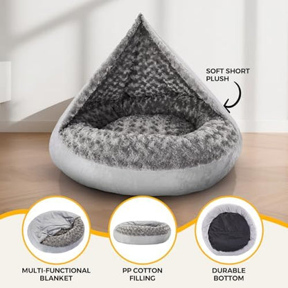 Small Dog Bed with Blanket Installation Required Removable Cover Cave Washable Cat Pet Bed for Crate Toy Puppy Donut Round Pad Plush Cozy Anti-Slip Bottom Gray 23X23X7 inch