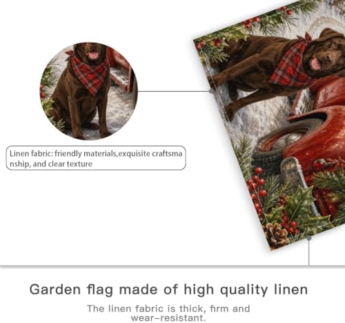 Christmas Labrador House Flag 28x40 Inch Merry Holiday Chocolate Dog Red Truck Tree Gifts Snowy Barn Rustic Farmhouse Outdoor Yard Lawn Porch Double Sided Banner Welcome Decor