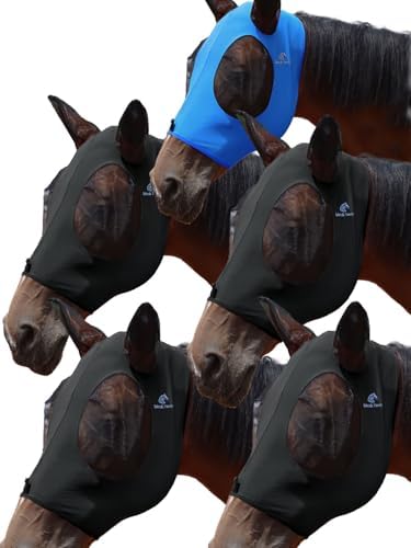 Mask Tech 5 Pieces Horse Fly Masks with Ears, Stretchy Elastic Mesh Fly Masks, 3D Eye Clearance, UV Protection-Large,Combo 30
