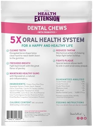 Health Extension Probiotic Dental Bones for Dogs, 8 Medium Bones, Cleans Teeth, Healthy Gums, Freshens Breath, Training or Reward, 6 oz Bag (Pack of 1)