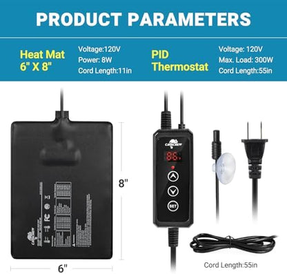 Reptile Heat Pad with Dimming Thermostat, 6" X 8" 8W Heating Pad Combo Set for 10-20 Gallon Reptile Tank, Under Tank Heater for Reptiles, Turtle, Snake, Lizard, Hermit Crab, Frogs, Seed