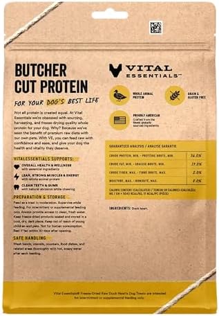 Vital Essentials Freeze Dried Raw Duck Hearts Dog Treats, 10 oz Bag