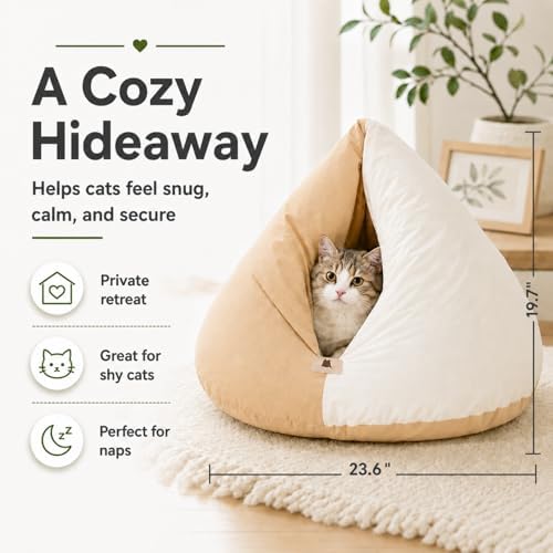 Cat Marshmallow Cave Bed, Plush Hideaway Washable Round Cushion (Camel)