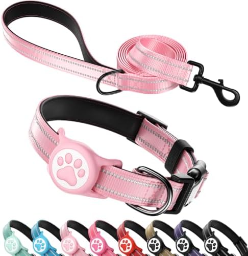 Airtag Dog Collar and Leash Set,Reflective Ultra-Durable Nylon Padded With QR Buckle & IP68 Waterproof Air Tag Holder Compatible for Apple AirTag, Comfortable for Small Medium Large Dogs (Pink Set,XS)
