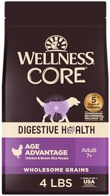 Wellness CORE Digestive Health Age Advantage Senior Dry Dog Food, Wholesome Grain Kibble, Sensitive Stomach, Natural, High Protein, Chicken and Brown Rice Recipe, 4 lb Bag