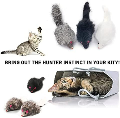 Rabbit Fur Cat Toys Interactive Cat Toy Mouse with Rattle Fake Mice Kitten Toys for Indoor Cats Fuzzy Cat Mice Toys Realistic Squeaky Mouse Cat Toy Furry Mice Cat Toys,12Pcs