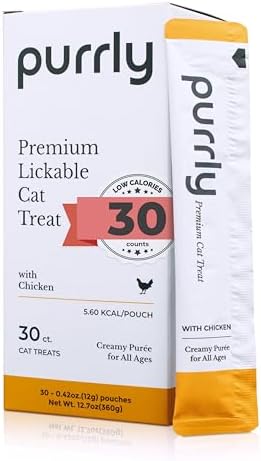 Purrly Lickable Wet Cat Treats Creamy Purée Human-Grade Chicken Breast with Prebiotic and Dietary Fiber for Digestive Health (30 Count) Non-GMO No-Grains No-Artificial-Additive All Ages Low-Phosphorus