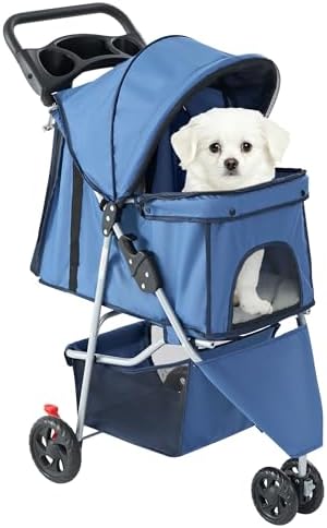 Sweetcrispy 3 Wheels Pet Stroller for Small Dogs and Cats – Foldable Dog Stroller with Mesh Windows, Storage Basket & Cup Holder, Lightweight & Durable Pet Carrier for Travel, Outdoor Use, Blue