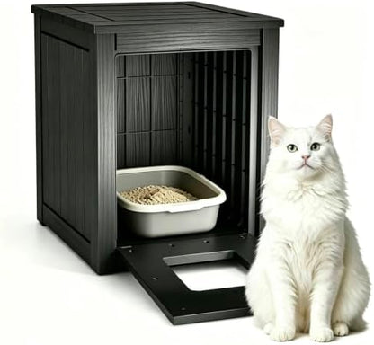 Cat Litter Box Enclosure, Multi-Purpose Resin Hidden Cat Litter Cabinet, Indoor Outdoor Weather Resistant Pet Litter Box Furniture, Easy Cleaning & Tool-Free Installation, Black