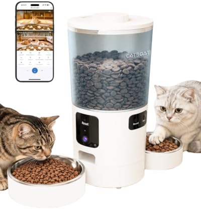Dual-Camera Automatic Pet Feeder with 2 Bowls, 6L Smart Feeder for 2 Cats