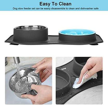 Slow Feeder Dog Bowls 3 in 1 Stainless Steel Food Water Bowl to Slow Eating