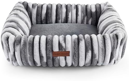 Modern Threads Ribbed Plush Two-Tone Cuddler Dog Bed, Ultra-Soft Faux Rabbit Fur, Supportive Bolstered Sides, Removable Washable Cover, Bed for Small to Medium Dogs, Silver, (24" L x 20" W x 8" Th)