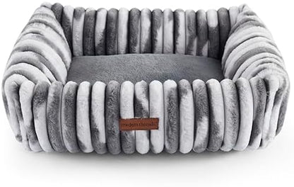 Modern Threads Ribbed Plush Two-Tone Cuddler Dog Bed, Ultra-Soft Faux Rabbit Fur, Supportive Bolstered Sides, Removable Washable Cover, Bed for Small to Medium Dogs, Silver, (24" L x 20" W x 8" Th)