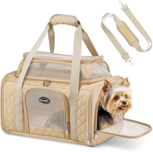 Pet Carrier Airline Approved 18x13x9.5 in, Soft-Sided Top-Expandable, Brown
