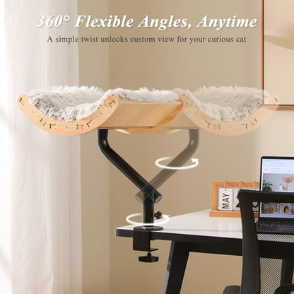 PEQULTI Desk Cat Bed, 360° Rotating Clamp-On Cat Hammock, Wood, Beige