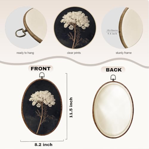 Vintage Flower Oval Framed Wall Art, Dark Botanical Canvas Art Wall Decor，Rustic Antique Floral Neutral Hanging Decor Painting Artwork for Home Bathroom Bedroom Living Room Office 8.3x12inch