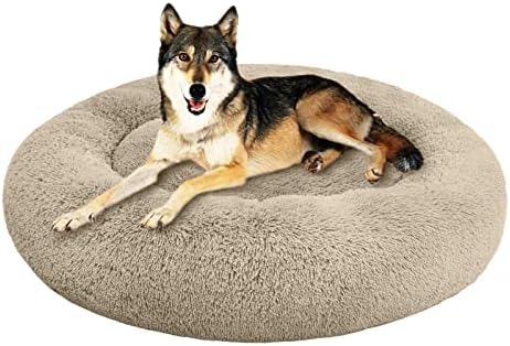 SAVFOX 45 inches Calming Donut Dog Bed - 3X Durable Plush Faux Fur, Machine Washable & Non-Slip, Fits up to 150 lbs, Beige