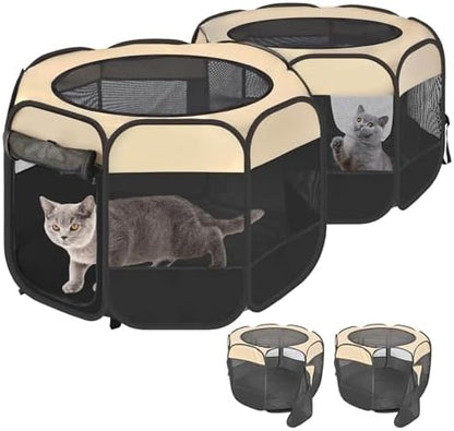 2-in-1 Pop Up Cat Playpen, Detachable into 2 Separate Pens, Assembly-Free Portable Puppy House Collapsible Dog Crates Pet Pen Tent Kennel Kitten Enclosure Cage Indoor Outdoor Foldable(S)