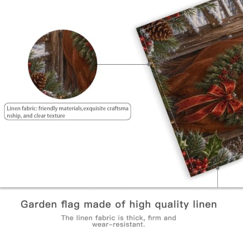Merry Christmas Garden Flag 12x18 Inch Chestnut Horse Pine Wreath Red Bow Snowy Stable Lantern Rustic Winter Outdoor Yard Lawn Front Porch Welcome Double Sided Banner Decor