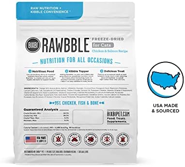 BIXBI Rawbble Freeze Dried Cat Food, Chicken & Salmon Recipe, 3.5 oz - 95% Meat and Organs, No Fillers - Pantry-Friendly Raw Cat Food for Meal, Treat or Food Topper - USA Made in Small Batches
