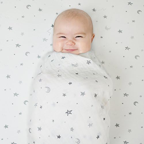 American Baby Company 100% Cotton Muslin Swaddle Blanket (47" x 47"), Soft, Breathable & Lightweight, Gray Stars/Moon, for Boys and Girls, Perfect for Swaddling, Travel and Gifting
