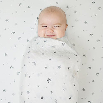 American Baby Company 100% Cotton Muslin Swaddle Blanket (47" x 47"), Soft, Breathable & Lightweight, Gray Stars/Moon, for Boys and Girls, Perfect for Swaddling, Travel and Gifting