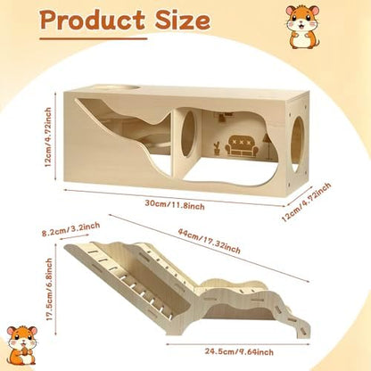 Hamster Hideout & Tunnel Set, 2Pcs Wooden House with Climbing Ladder, Exploration Tubes & Observation Shed for Syrian Hamsters, Dwarf Hamsters, Mice, Gerbils, Rats, and Other Small Animals