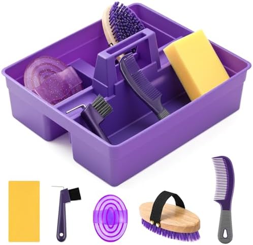 Abbylike Horse Grooming Kit with Tote Bag, 6-Piece Horse Care Set with Brush, Comb & Hoof Pick, Portable Grooming Supplies Organizer(Purple)