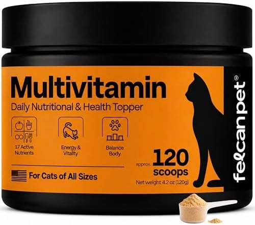 Daily Cat Food Topper – Cat Multivitamin Powder with 17 Active Nutrients, Taurine, Omega 3 & Glucosamine – Mixes Easily into Wet or Dry Food – Supports Energy & Vitality – 120 Scoops