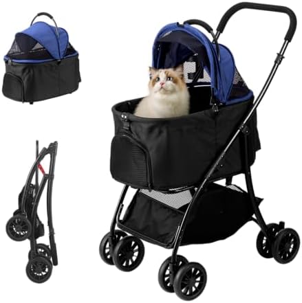 Pet Stroller Quickly Folds for Easy Storage Cat Stroller with Detachable Carrier Thickened Oxford Cloth Breathable Basket Dog Strollers for Small Dogs (Blue)