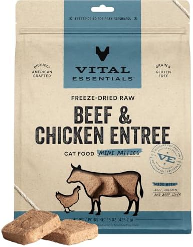 Vital Essentials Freeze Dried Cat Food, Beef & Chicken Mini Patties, 15 oz