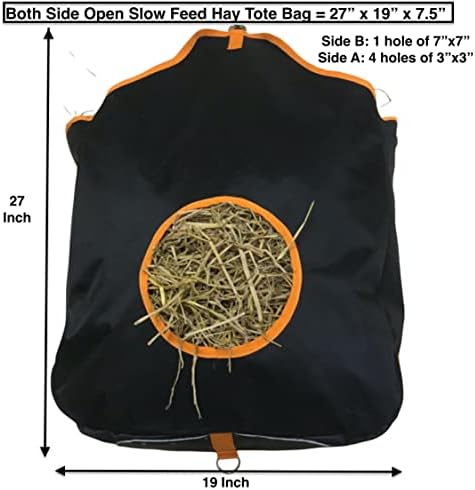 Majestic Ally Nylon Hay Feeder Tote Bag for Horse, Goat, Sheep - Double Sides Open Feed Hole with Faux Leather Ventilated Bottom- Premium Quality -Simulates Grazing - Reduces Waste (Black)