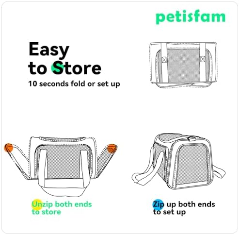 Quick-in Pet Carrier Bag for Cats & Dogs. Airy Mesh Windows Let Fur-Kids See You Reduce Anxiety & Breath Easy. Rip-Stop Fabric & Lockable Zips Hug Securely. Washable Comfy Pad. Collapsible