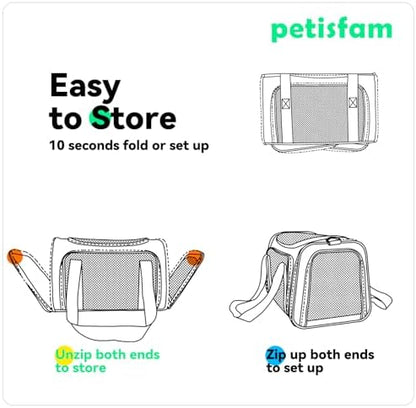 Quick-in Pet Carrier Bag for Cats & Dogs. Airy Mesh Windows Let Fur-Kids See You Reduce Anxiety & Breath Easy. Rip-Stop Fabric & Lockable Zips Hug Securely. Washable Comfy Pad. Collapsible