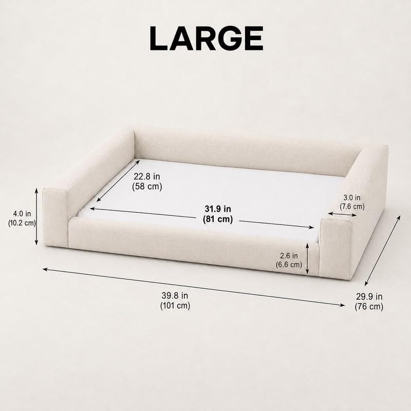 Mini Cloud Bed - Removable and Washable Covers - Upholstered Minimalist Modern Luxury - Toddler Baby Pet Dog Cat Nursery (Waterproof Beige Linen, Large)