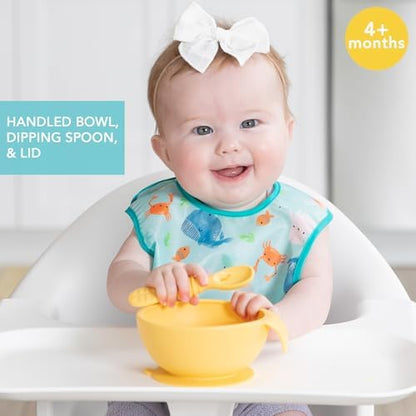Bumkins Baby Bowl, Silicone Feeding Set with Suction for Baby and Toddler, Includes Spoon and Lid, First Feeding Set, Training Essentials for Baby Led Weaning for Babies 4 Months Up, Pineapple