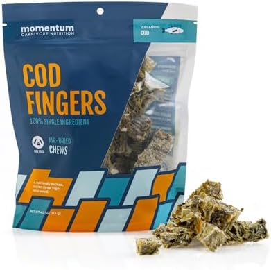 Momentum Carnivore Nutrition Cod Fingers Dog Treats – Single Ingredient Icelandic Cod Skin – Natural Dental Support, High-Protein Fish Chews– Healthy Dog & Cat Treats – 4 oz Bag
