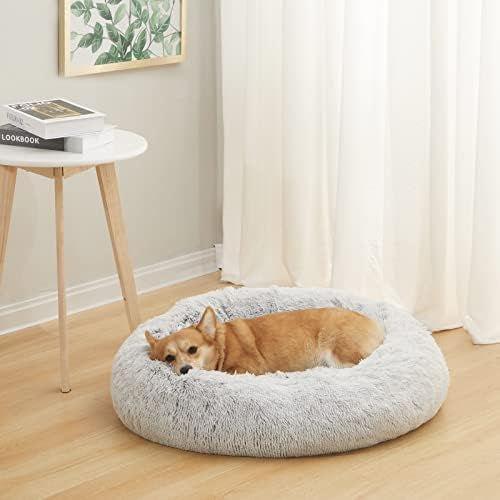 Bedfolks Calming Fluffy Donut Dog Bed for Medium Dogs,Light Grey, 30" Round