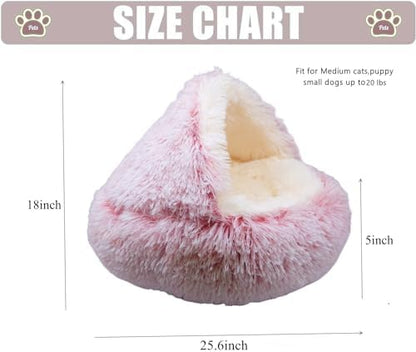 ZaneSun Calming Dog Bed & Cat Cave with Hooded Cover, Plush Fluffy Anti-Anxiety Cat Bed, Waterproof Bottom Washable (Pink, 25.6X25.6inch)