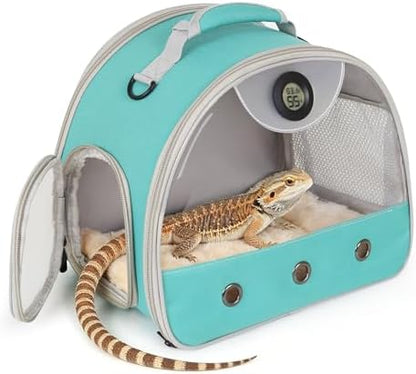 Bearded Dragon Carrier, Reptile Travel Bag with Built-in Thermometer Hygrometer, Breathable Small Animal Carrier with Clear View Window, Portable Guinea Pig Carrier for Gecko, Snake, Hamster