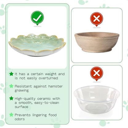 BNOSDM Shallow Ceramic Hamster Food Dish 2 Pcs Small Animals Food Bowl Sunflower Feeding Dishes for Gerbils Mice Rats 4.5in (Green)