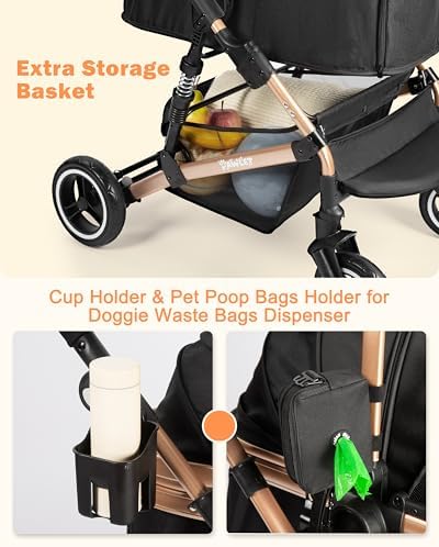 Dog Stroller for Medium Dogs Up to 52 Lbs, Cats Stroller for 2 Cats, 3 in 1 Pet Stroller with Bag Holder for Leashes, 3-Roll Poop Bags, 600D Waterproof Oxford Fiber, Adjustable Handle (Black)