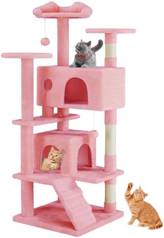 Sweetcrispy 54-Inch Cat Tree Tower – Multi-Level with Sisal Scratching Post, Perfect Pet Gift, Indoor Condo with Climbing Ladder, Plush Toy, and More Animal Stuff, Pink